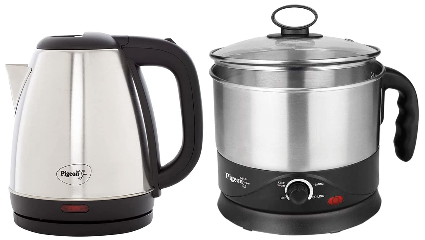 Pigeon By Stovekraft Amaze Plus 1.5 Litre Electric Kettle, Black By Stovekraft Kessel 1.2-Litre Multi-Purpose Kettle (Silver) 600 Watts, Black